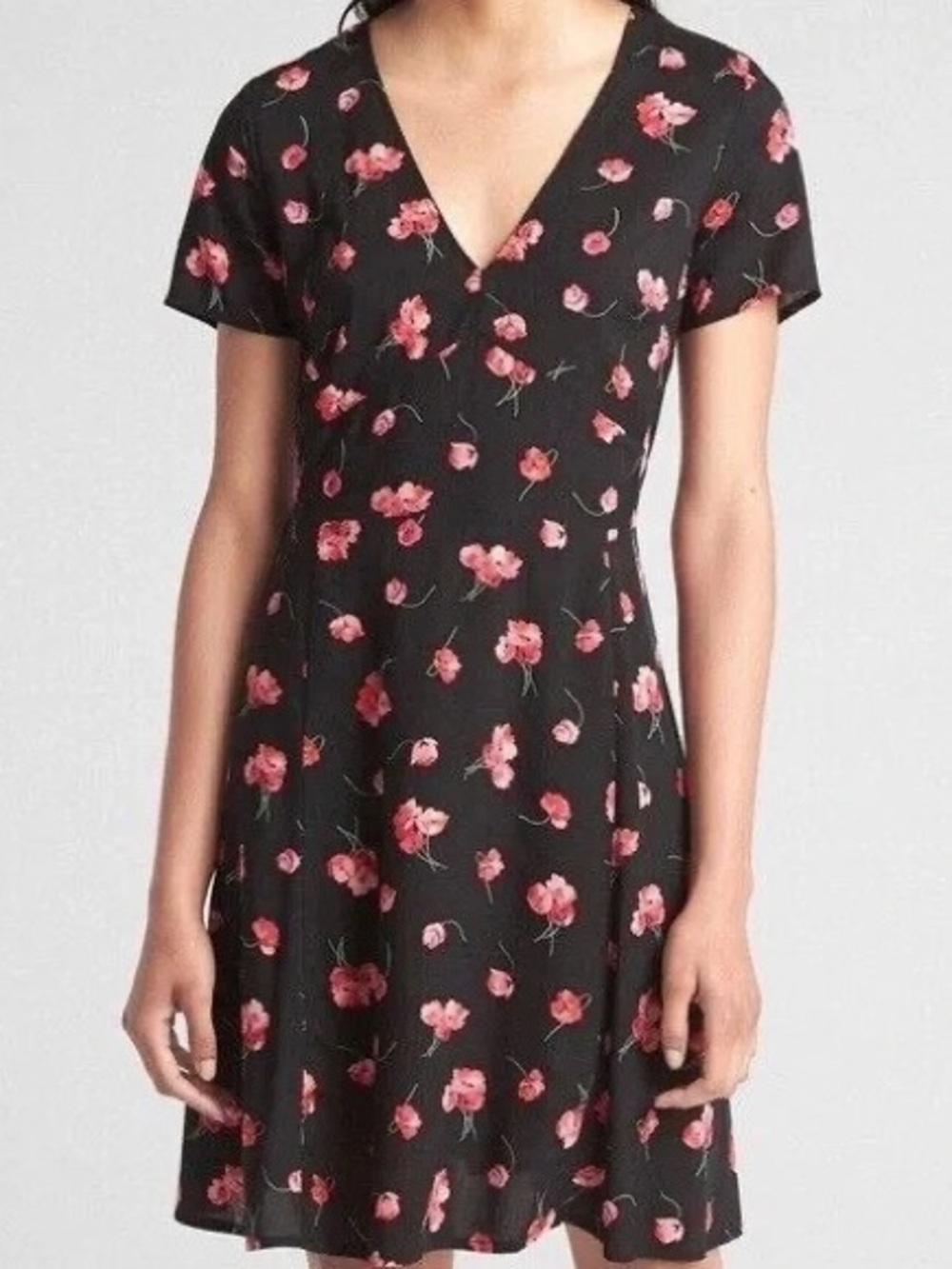 GAP Black Floral V-Neck Short Sleeve Dress - Pink Flower Print